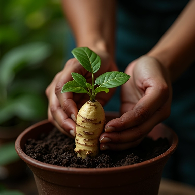 Plantando rizoma de gengibre em vaso com terra adubada.