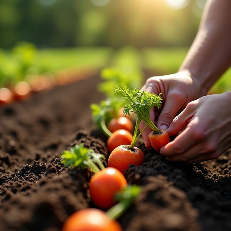Plantando sementes de cenoura em fileiras no solo preparado.