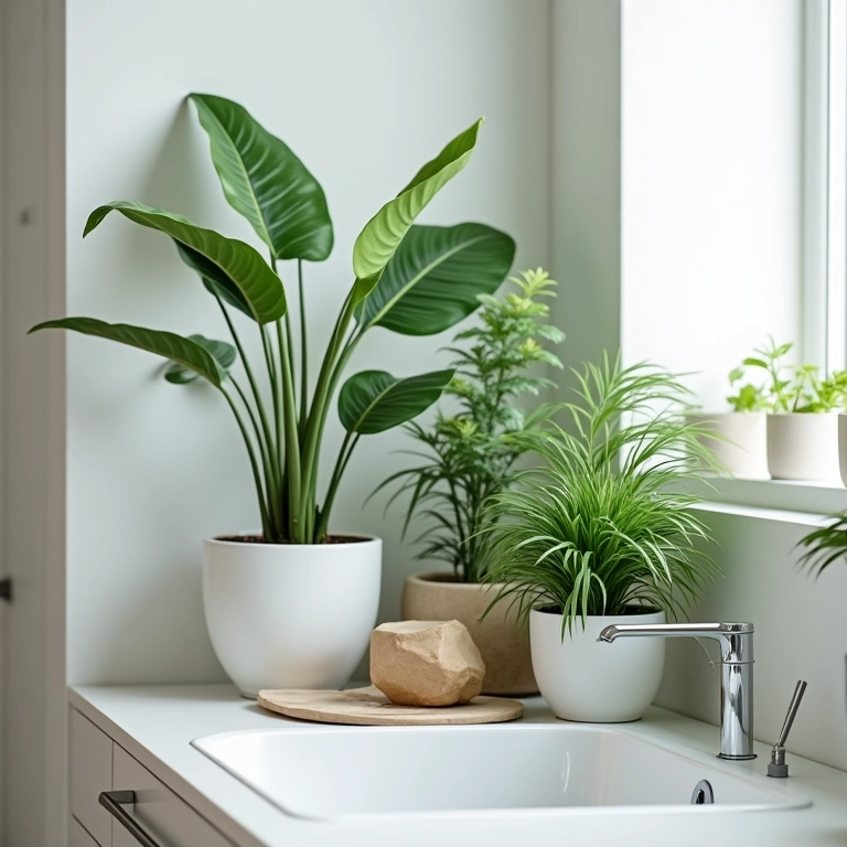 Plantas artificiais decorando banheiro, cozinha e escritório de uma casa brasileira.