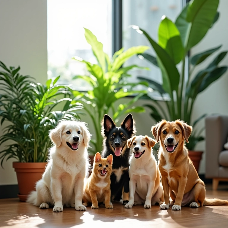 Plantas artificiais em casa com animais de estimação, garantindo um ambiente seguro.