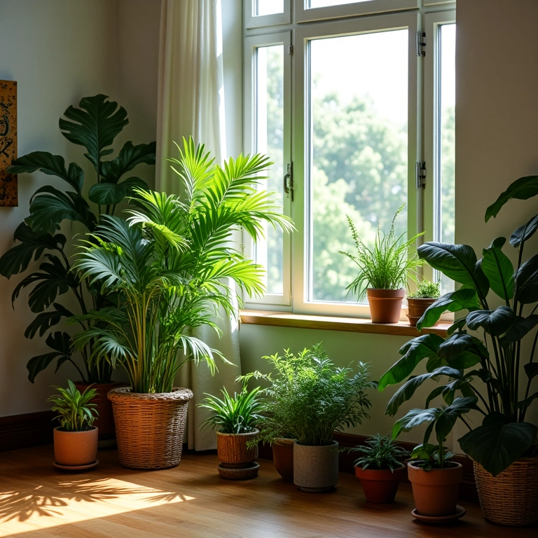 Plantas artificiais vibrantes na sala de estar com decoração brasileira.