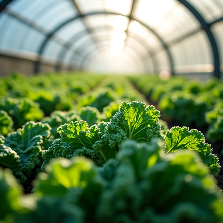 Plantas de couve crescendo sob teto de estufa transparente.