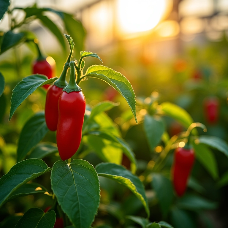 Plantas de pimenta crescendo em uma estufa ensolarada.