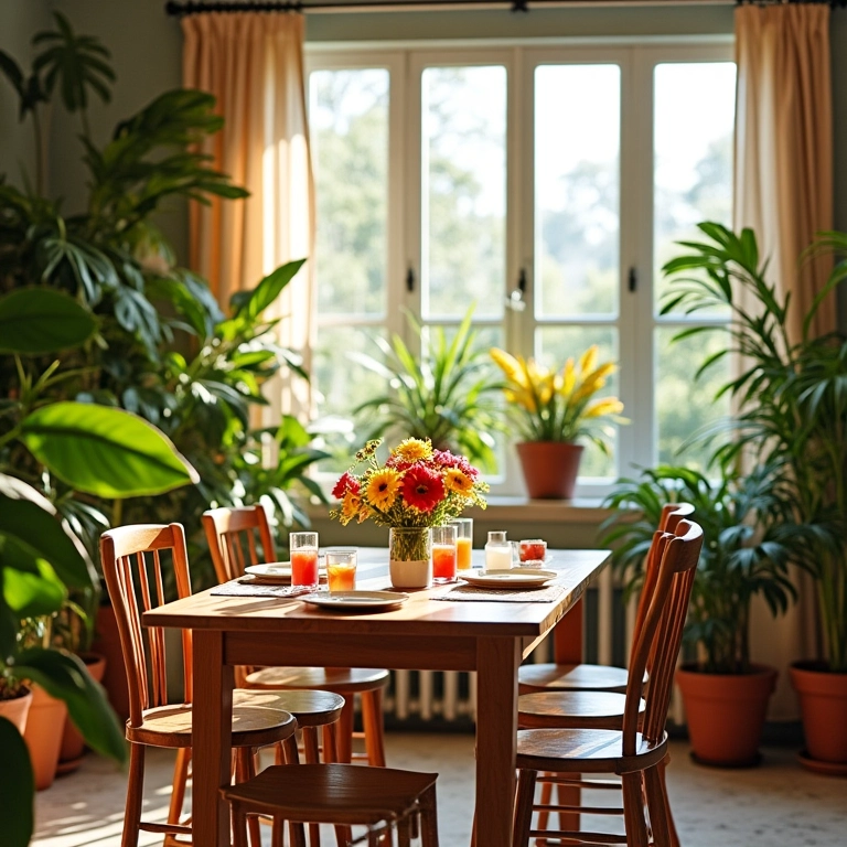 Plantas e flores em sala de jantar pequena e moderna.