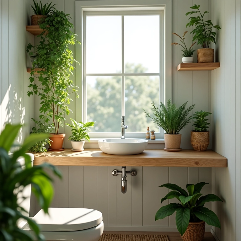 Plantas em lavabo pequeno trazendo vida e frescor ao ambiente.