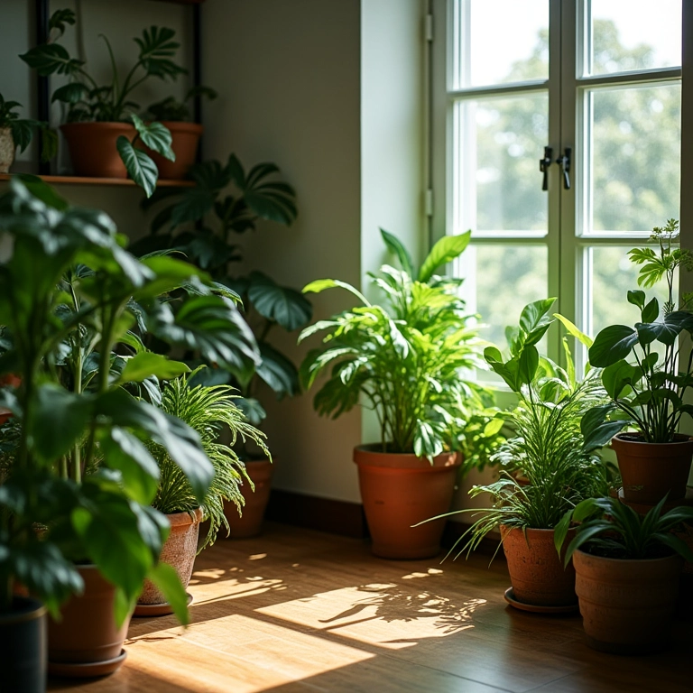 Plantas exuberantes em apartamento brasileiro com pouca luz.
