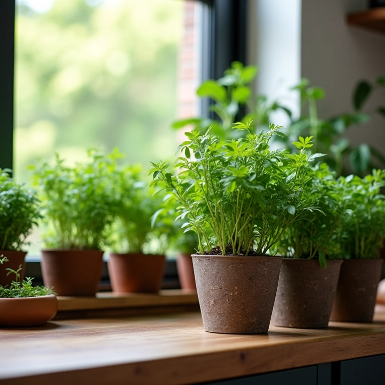 Plantas na bancada da cozinha trazem um toque de natureza.