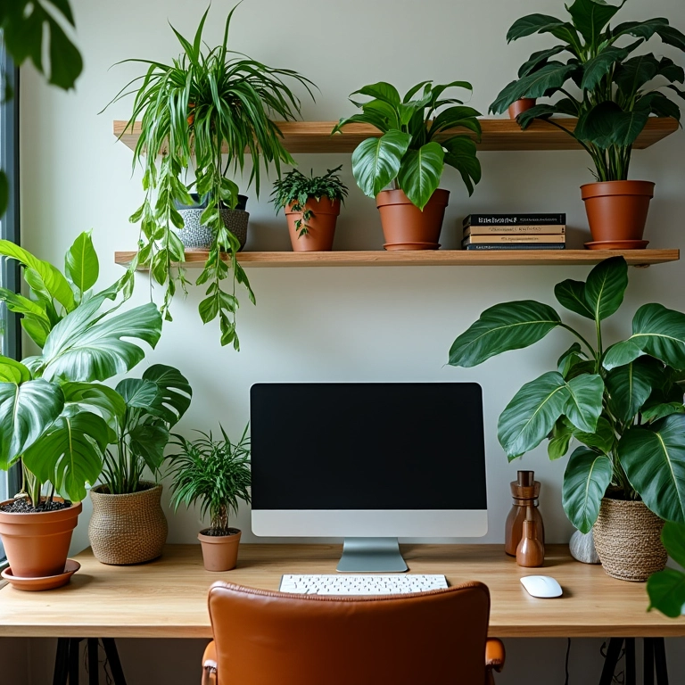 Plantas que trazem vida e alegria para um home office feminino vibrante.