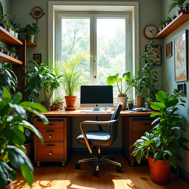 Plantas trazendo vida e alegria para um home office inspirador.