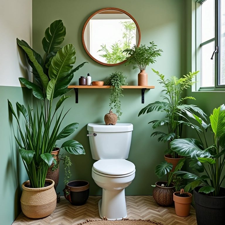 Plantas trazendo vida e frescor a um lavabo pequeno.