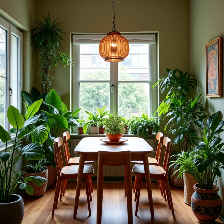 Plantas trazendo vida e frescor para sala de jantar pequena.