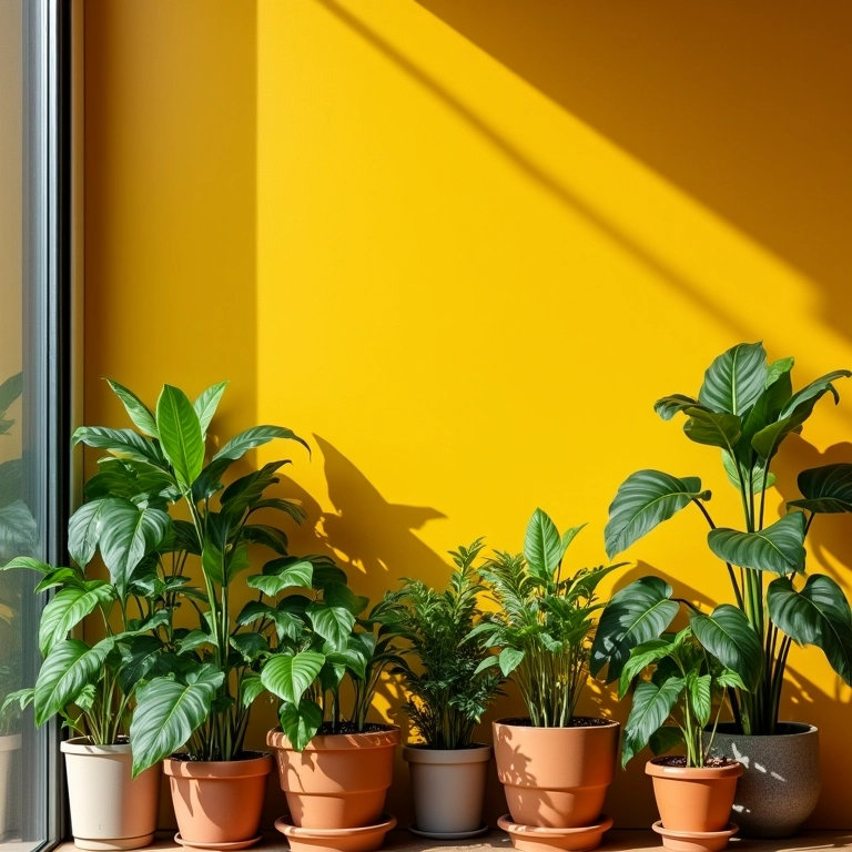 Plantas verdes em vasos contrastando com parede amarelo mostarda em apartamento brasileiro.