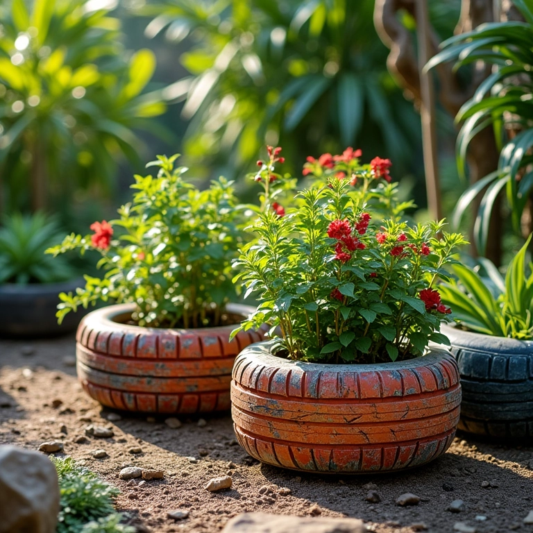 Pneus velhos transformados em vasos criativos e coloridos.