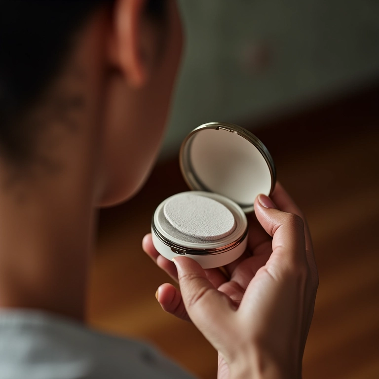 Pó compacto sendo aplicado no rosto de uma mulher brasileira em cenário de viagem.