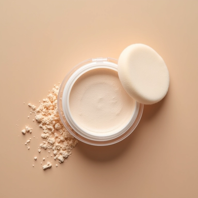 Pó compacto translúcido em embalagem aberta sobre uma mesa de madeira.