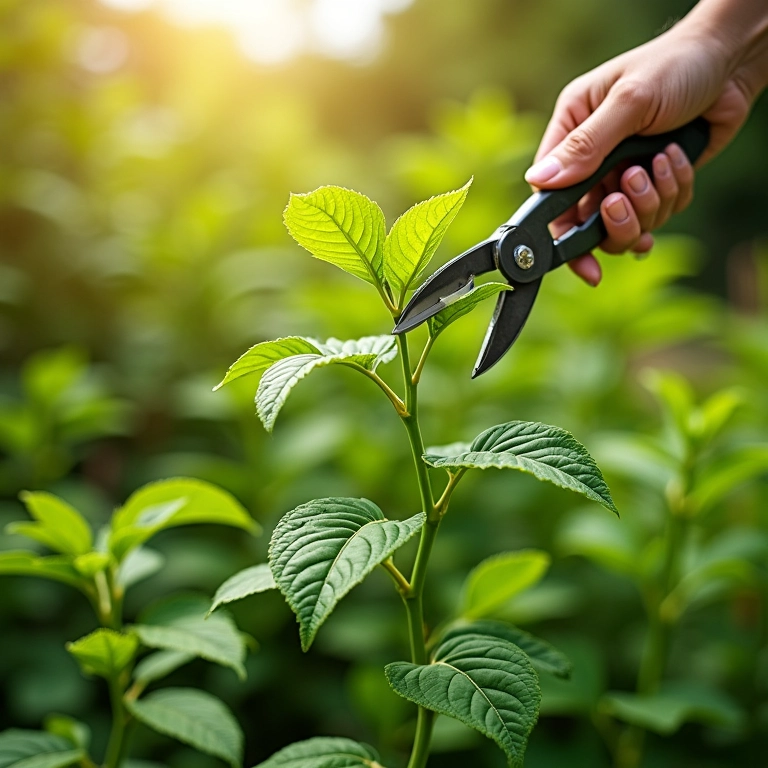 Podando erva-cidreira com tesoura de jardinagem.