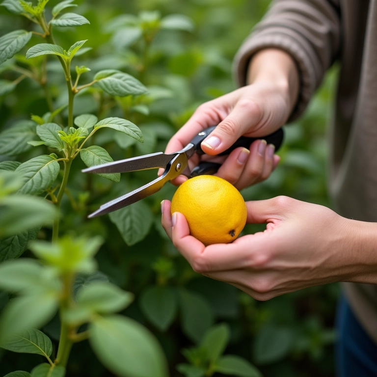 Podando o manjericão limão com tesoura.