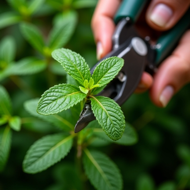 Podando planta de hortelã com tesoura de jardinagem, mãos aparando as folhas.
