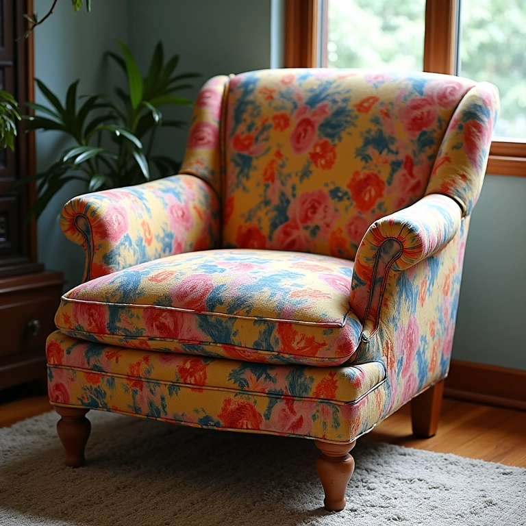 Poltrona antiga renovada com tecido colorido.