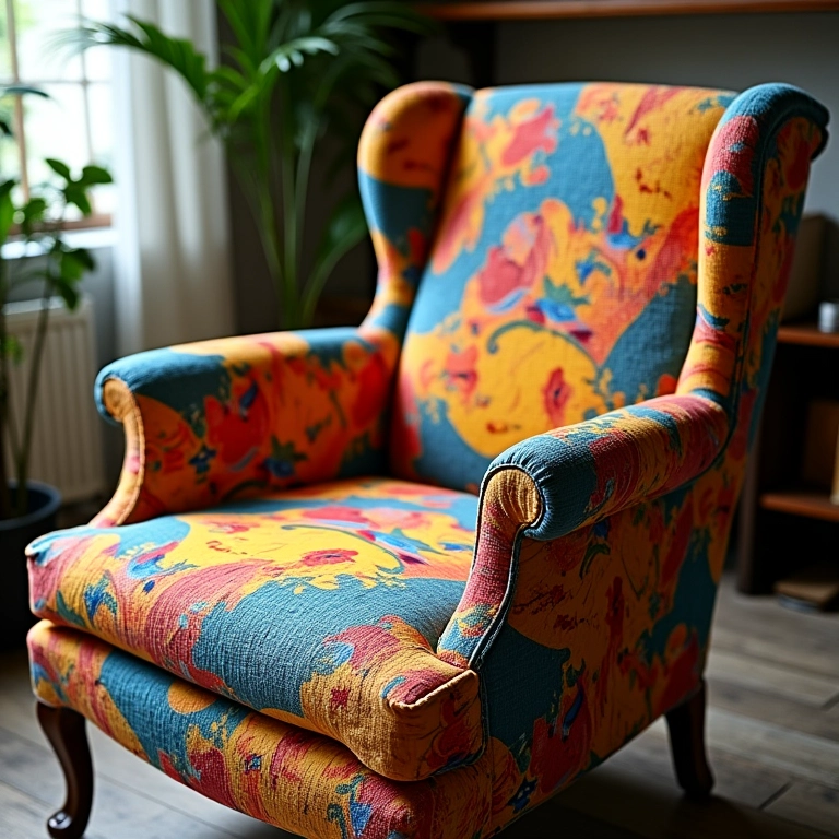 Poltrona sendo reestofada com tecido brasileiro colorido, unindo conforto e estilo.