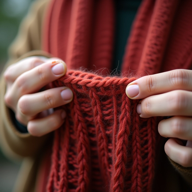 Ponto barra 1/1 em um cachecol de tricô.