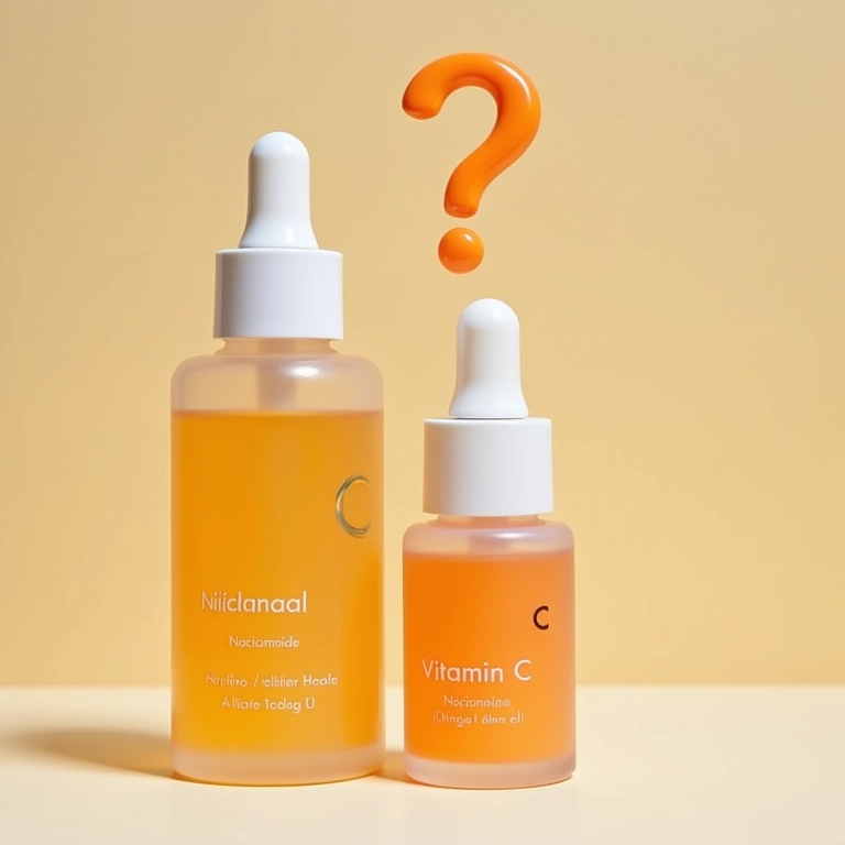 Ponto de interrogação sobre frascos de Niacinamida e Vitamina C.