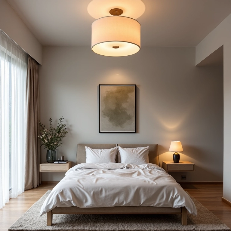 Ponto de luz no teto em um quarto de casal moderno e elegante.