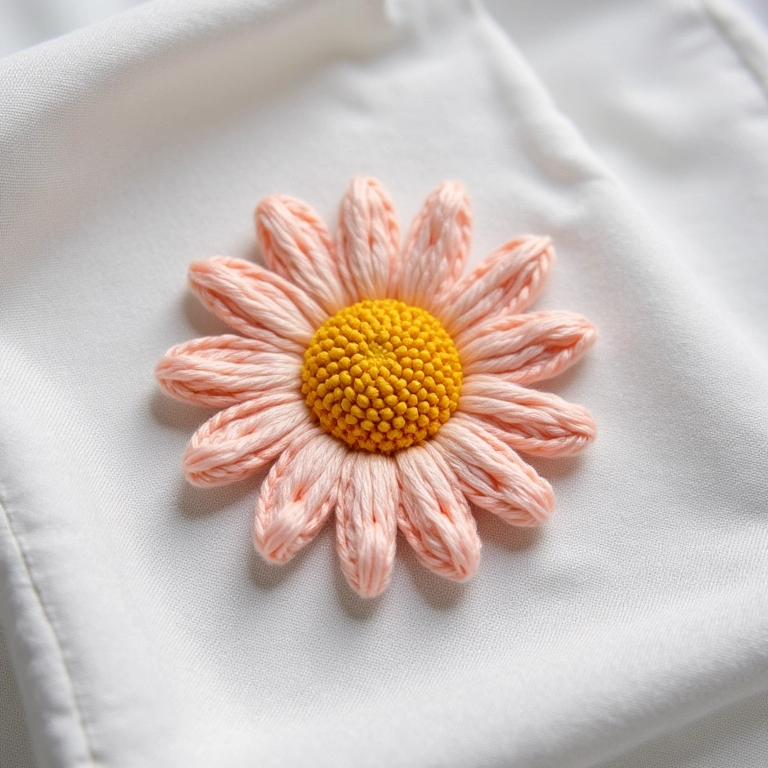 Ponto margarida formando uma flor delicada em tecido de algodão.