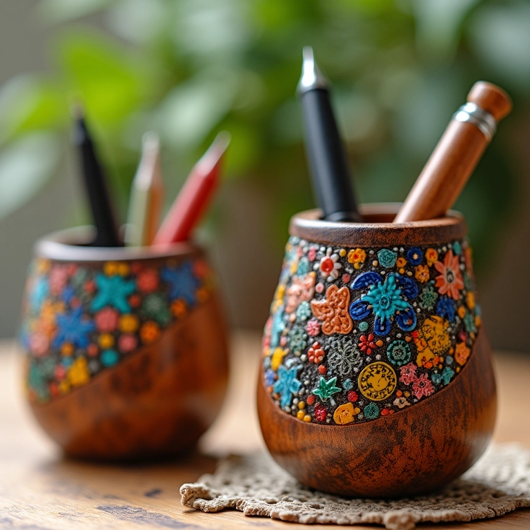 Porta-canetas criativos feitos de madeira brasileira, decorados com mosaicos coloridos.