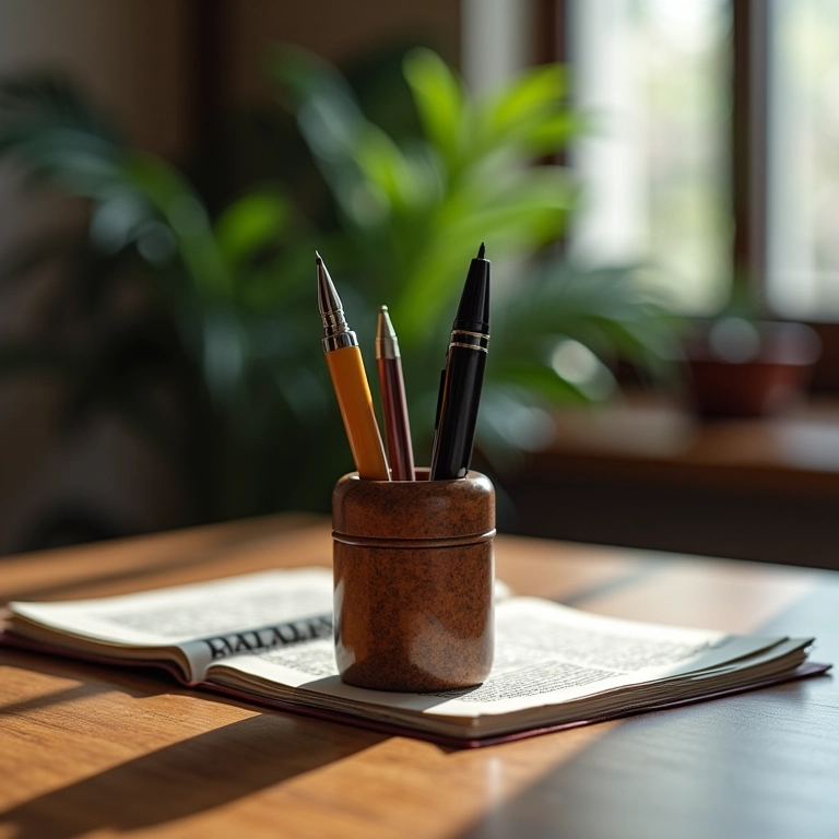 Porta-canetas temático com elementos jornalísticos em mesa de jornalista.