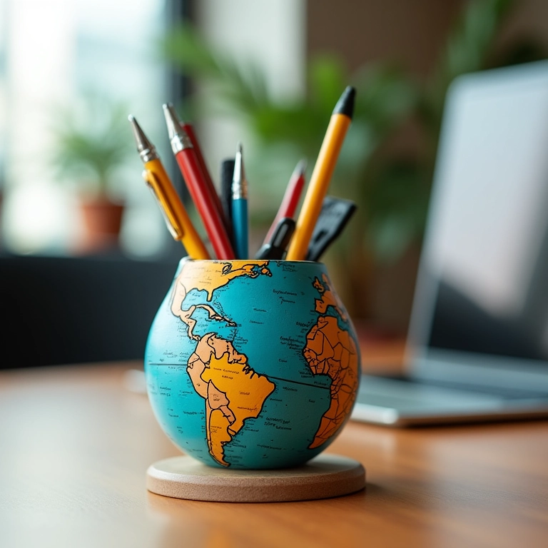 Porta-canetas temático decorado com símbolos estatísticos.