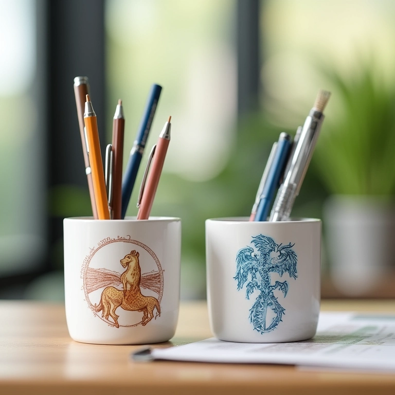 Porta-canetas temáticos com motivos de fisioterapia.