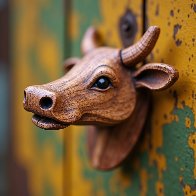 Porta-chaves artesanal de vaca feito de madeira rústica para o Dia do Açougueiro.