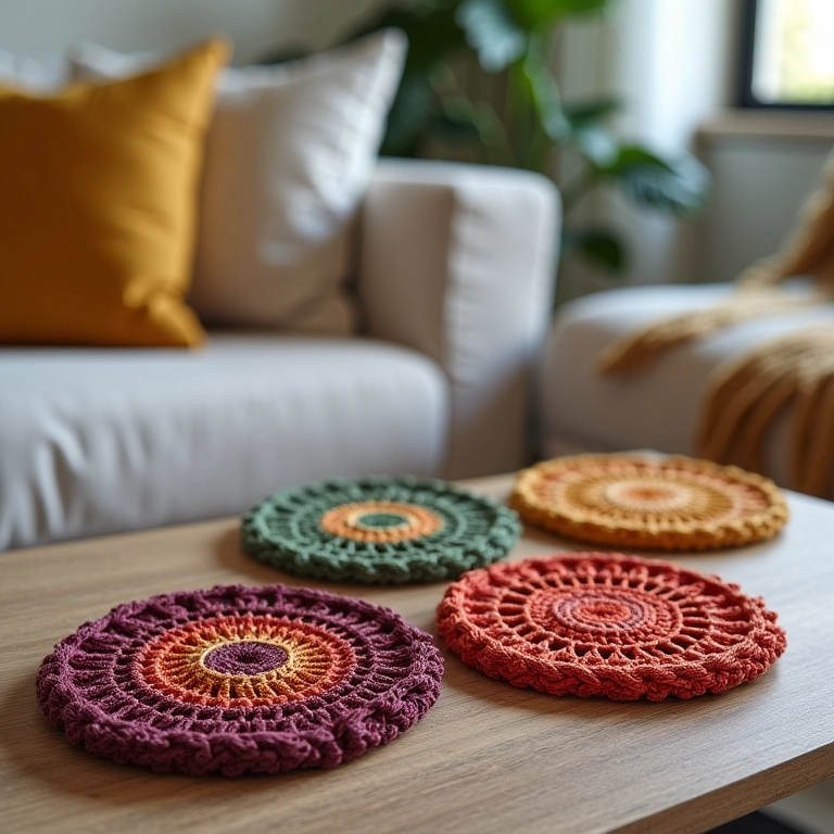 Porta-copos de crochê coloridos em sala de estar moderna.