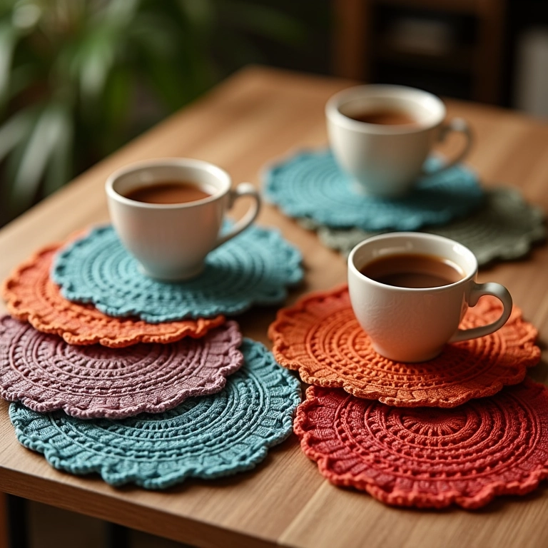 Porta-copos de crochê coloridos sobre mesa de madeira com xícaras de café.