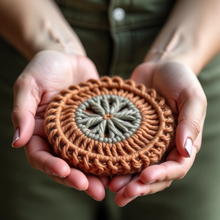 Porta-copos de crochê feitos com sobras de fio reciclado.