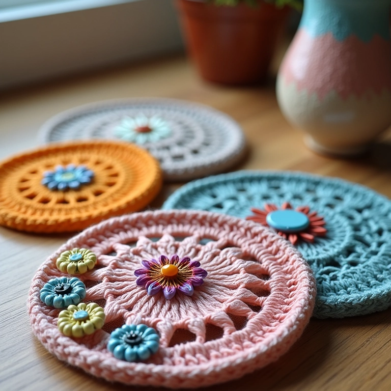 Porta-copos de crochê personalizados com botões, contas e bordados.