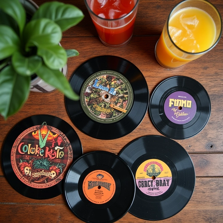 Porta-copos de vinil decorados com logos de bandas de rock e capas de álbuns.
