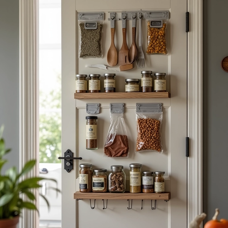 Porta de despensa com ganchos e organizadores para potes de especiarias e utensílios.
