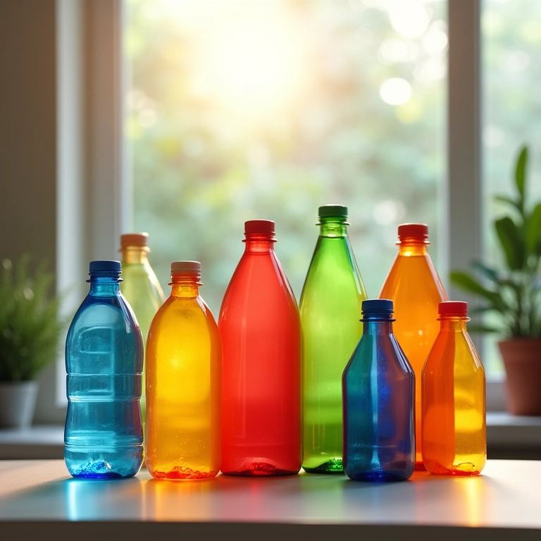 Porta-objetos coloridos feitos com garrafas PET reutilizadas.