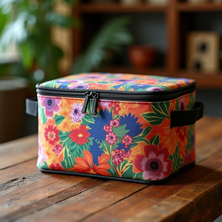 Porta travessa térmico de tecido com estampa colorida sobre mesa rústica.