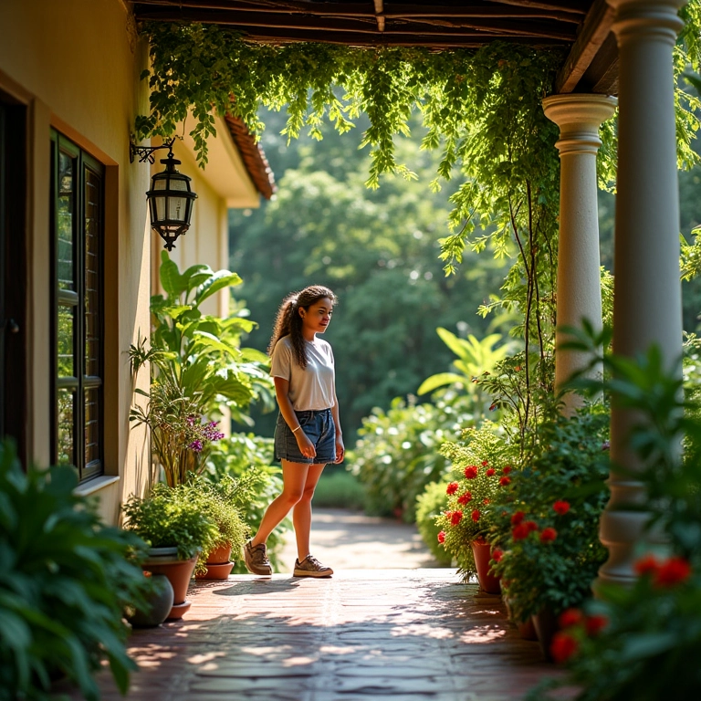 Pórtico com treliças e plantas, criando uma entrada verde e florida.