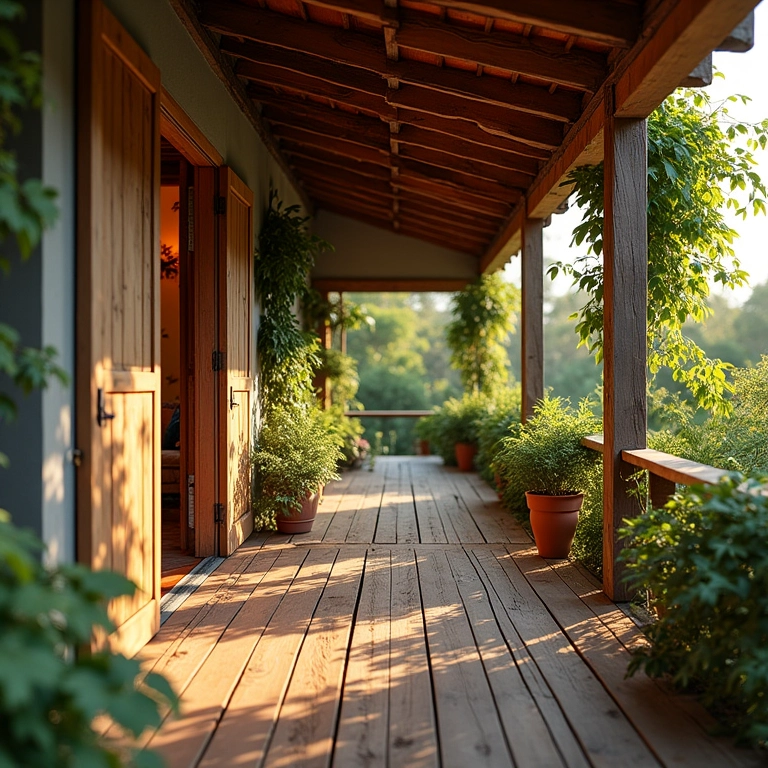 Pórtico de madeira rústica com plantas trepadeiras e iluminação natural.