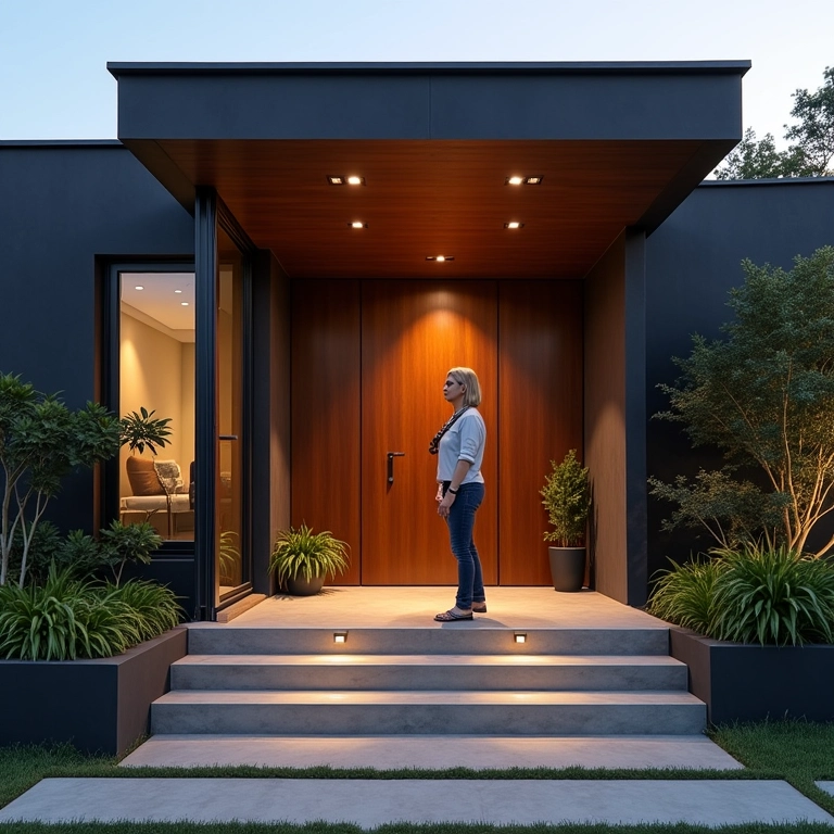 Pórtico de metal moderno com design elegante e iluminação sofisticada.