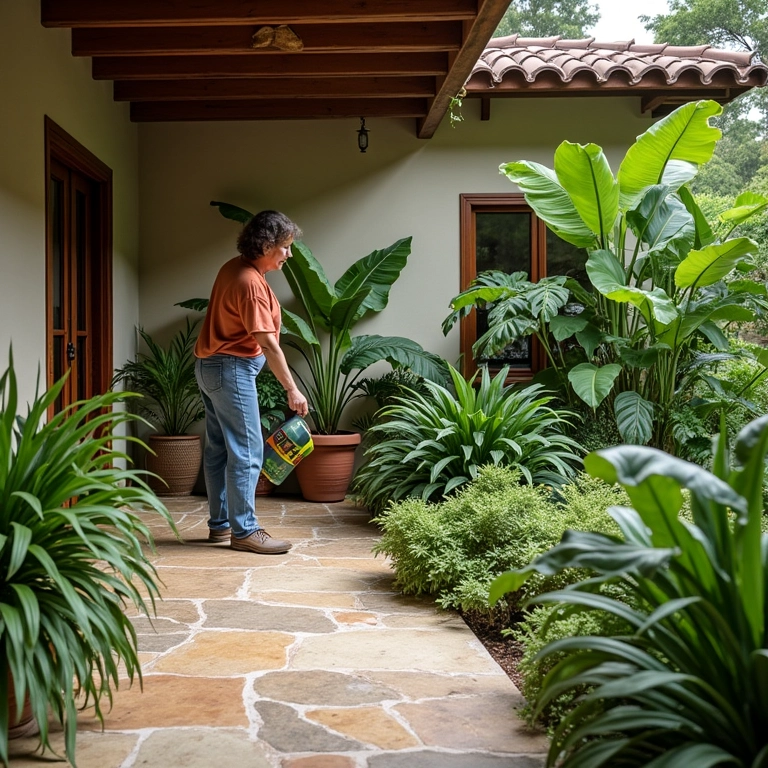 Pórtico de pedra natural com vegetação exuberante e paisagismo.