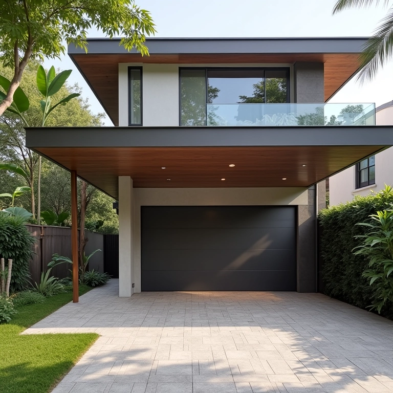 Pórtico integrado com a garagem, oferecendo praticidade e estilo.