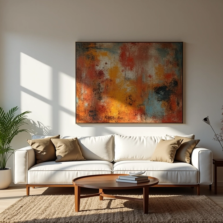 Posicionamento estratégico e iluminação dos quadros na sala.