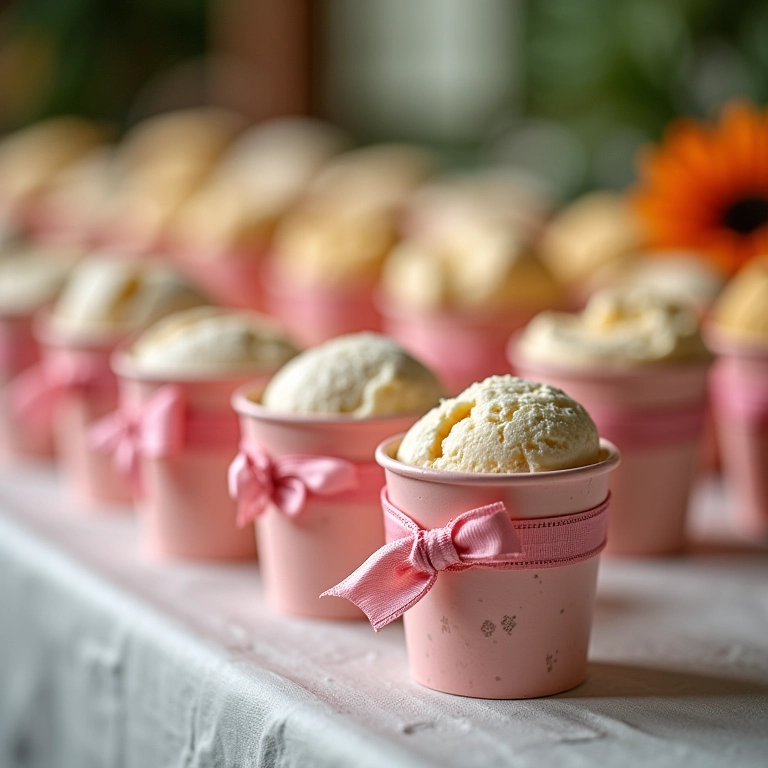 Potes de sorvete decorados como lembrancinhas em uma mesa de festa com decoração brasileira.