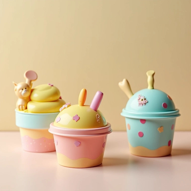Potes de sorvete decorados como porta-trecos divertidos para brinquedos em quarto infantil colorido.