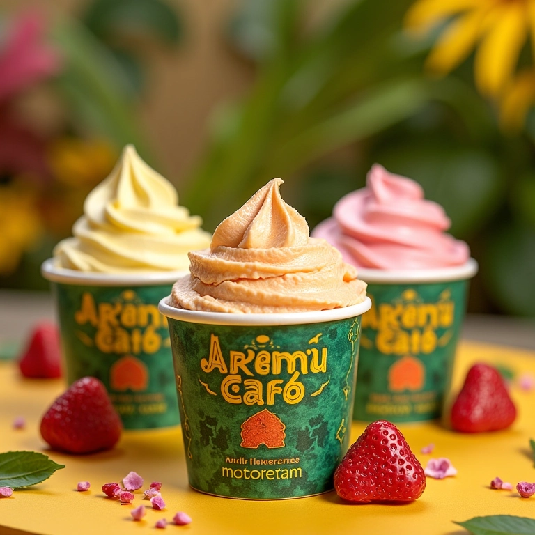 Potes de sorvete decorados para festas temáticas em mesa com decoração vibrante e brasileira.